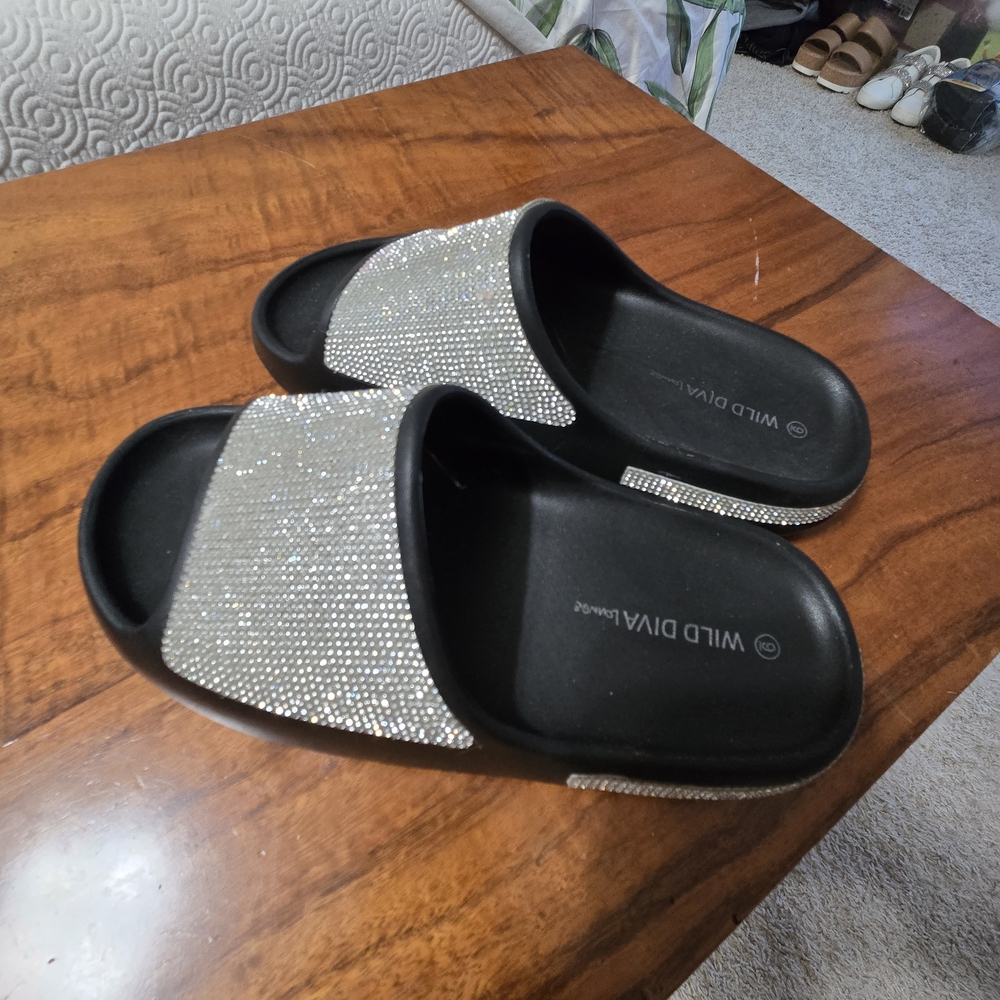 Wild Diva Black Sandals with Silver Sparkle